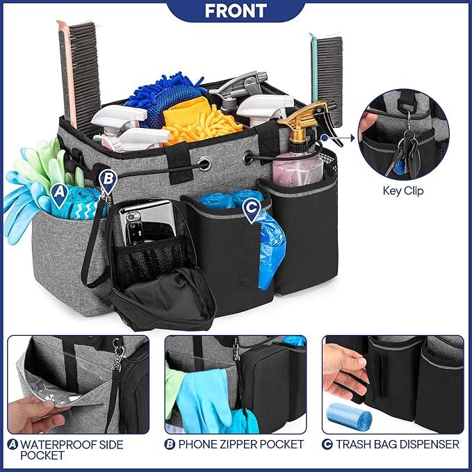 LoDrid Large Professional Cleaning Caddy with Detachable Divider, Supply Organizer with Handle and Shoulder Strap, Cleaning Bags for Housekeepers & Cleaners, Black - NeatNest