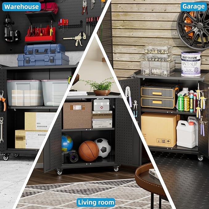 SUXXAN Metal Storage Cabinet with Wheels, Rolling Storage Cabinet with 2 Doors and Adjustable Shelves, Pegboard and 4 Hooks, Suitable for Garage, Home, Office, School, Black - NeatNest