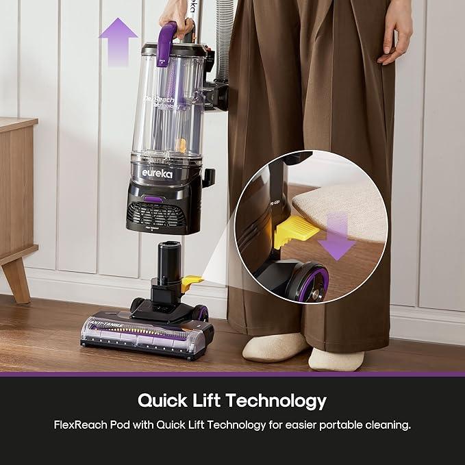 Eureka FlexReach Powerful Upright Vacuum Cleaner for Carpet and Hard Floor, Lift-Up Vacuum with Large Dust Cup, Anti-Tangle, NEU651PL, Purple - NeatNest