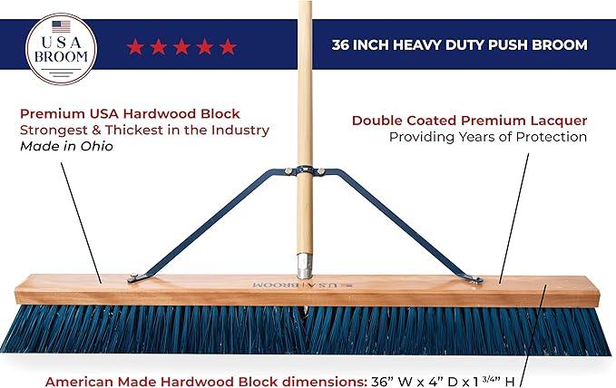 36" Heavy Duty Outdoor Push Broom with 60" Handle. Ideal for Ashpalt, Concrete & Heavy Debris. Durable American Made Steel Brackets-Stainless Steel Hardware. No Plastic. 100% Made in The USA. - NeatNest