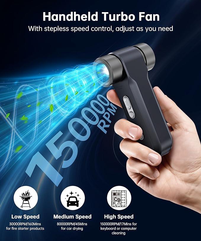 Compressed Air Duster,150000RPM Metal Electric Air Blower with LED Light and Stepless Speed,USB Rechargeable Mini Portable Cordless Air Blower with Magnetic Nozzle for Computer,Keyboard,House and Car - NeatNest