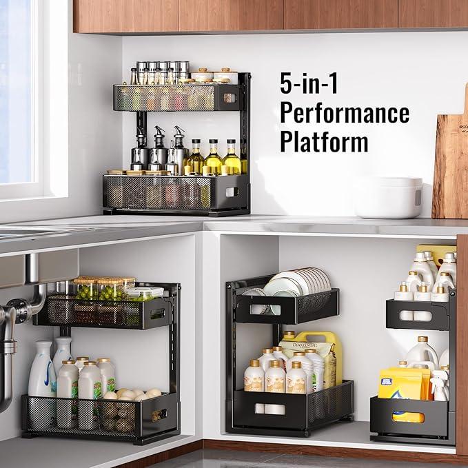 2 Pack Under Sink Organizer and Storage, Metal Under Kitchen Sink Organizer, Slide Out Bathroom Organizers and Storage, Undersink Organizers for Kitchen Bathroom Cabinet - NeatNest