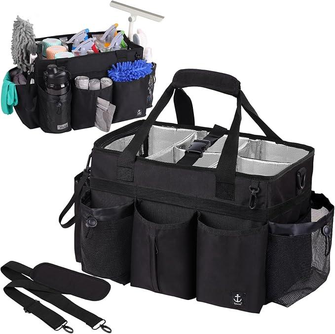 Large Wearable Cleaning Caddy Bag with Detachable Divider, Cleaning Organizer with Handles, Cleaning Supply Tote with Adjustable Shoulder Strap&Waist Belt for Cleaners & Housekeeper (Black) - NeatNest