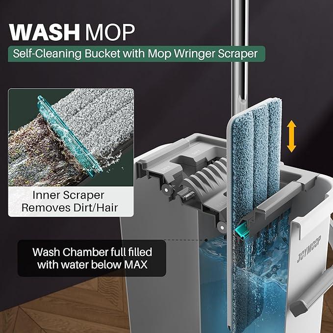 JOYMOOP Mop and Bucket with Wringer Set, Flat Squeeze Mop Flat Head, Dust Mops for Wall Cleaner with Long Handle, Hands-Free Microfiber Mops for Floor Cleaning - White - NeatNest