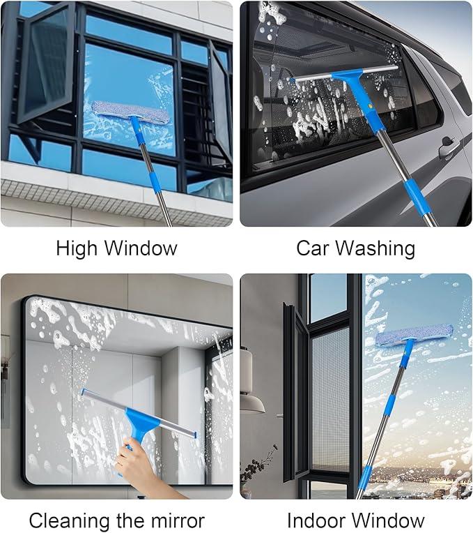 Window Squeegee Cleaner with 4 Stainless Steel Extension Poles,Long Reach to 58inch, Scrubber, Glass Scraper, Bendable Duster, 2 Scrubber Cloth for Window, Car, Professional Cleaning Kit - NeatNest