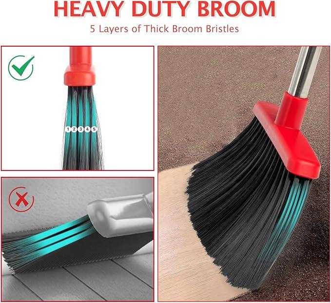 Broom and Dustpan Set with Long Handle, Heavy Dust Broom and Dustpan Combo for Home，Kitchen, Office, Pet Hair (Black Red) - NeatNest