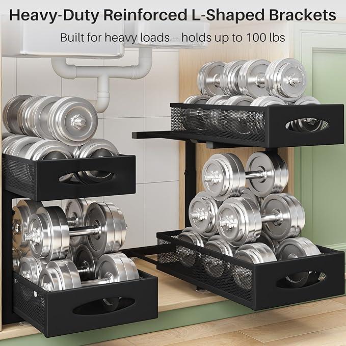 Under Sink Organizer, 2 Pack 2 Tier Pull out Cabinet Organizer Baskets with Mesh Sliding Drawers, Slide out Sink Storage Shelves for Home, Kitchen, Bathroom, Pantry, Office Organizers and Storag,Black - NeatNest