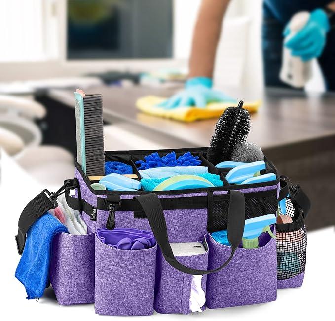 LoDrid Wearable Cleaning Caddy Bag with 4 Foldable Dividers, Cleaning Supply Tote for Cleaning Supplies, Cleaning Organizer with Shoulder Strap and Side Handles for Cleaners & Housekeepers, Purple - NeatNest