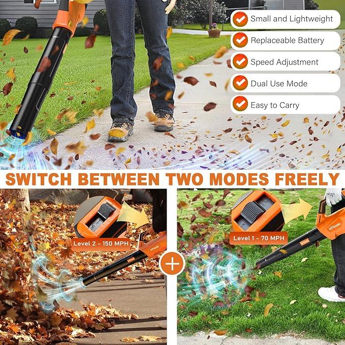 2025 Upgrade Leaf Blower, Leaf Blower Cordless with 2 * 2.6AH Batteries and Fast Charger, 450CFM &150MPH and 2 Speed Mode, Lightweight Electric Leaf Blowers for Lawn,Yard, Leaves, Dust,Snow Care - NeatNest
