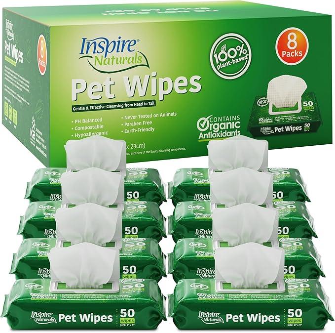 Inspire Naturals Pet Wipes for Dogs and Cats 100% Natural Plant Based with Organic Antioxidants, Dog Wipe Cleaning Deodorizing | Puppy Wipes | Dog Wipes for Paws and Butt (400ct - 8 Pack) - NeatNest