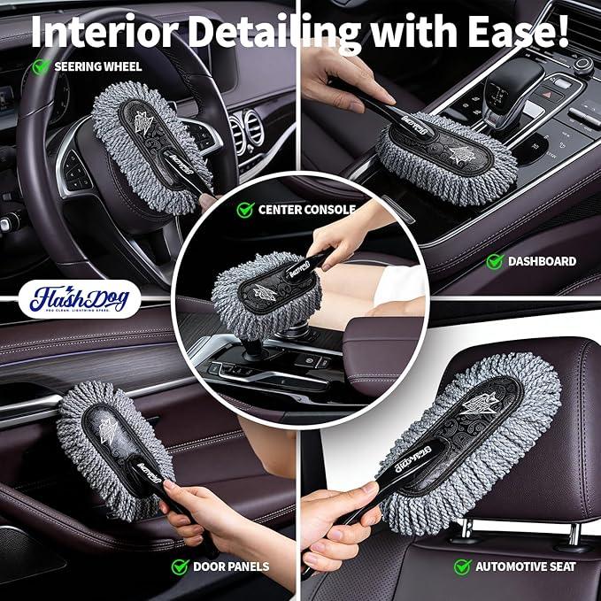 Flash Dog Car Duster Exterior with Car Duster Interior Wax Cotton Hair Scratch Free Cleaning for Cars, SUVs, Trucks | Waterless Dust Remover & Detailing Brushes Set with Storage - NeatNest