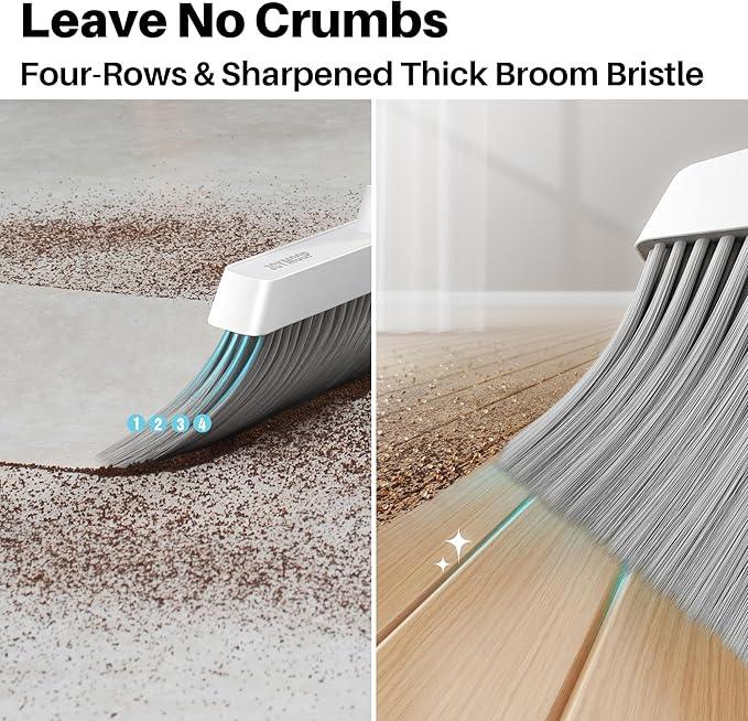 JOYMOOP White Broom and Dustpan Set, Upright Angle Design with Built-in Comb Teeth for Kitchen, Office, Pet Hair, Hard Floors - NeatNest
