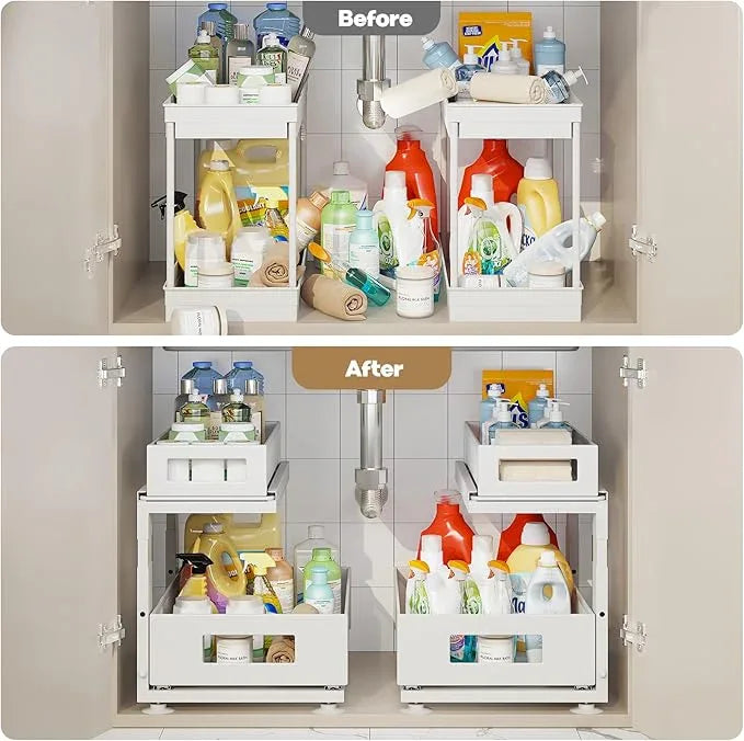 2 Pack Under Sink Organizer with Next-Gen Ball-Bearing Slides,2-Tier Pull Out Cabinet Storage,Height Adjustable Drawer Shelf for Bathroom,Kitchen,Laundry,Cabinet,Pantry(Patent Pending) - NeatNest