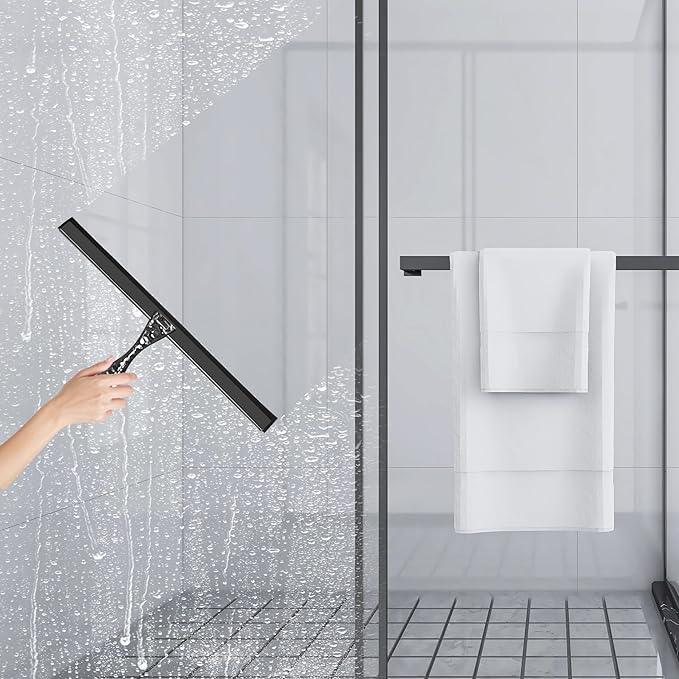 All-Purpose Silicone Shower Squeegee for Shower Glass Door,with 2 Hooks & Pink Mini Squeegee,for Bathroom Glass, Car, Tile Wall, Mirror Cleaning - Easy-Grip Handle 14 Inch Black - NeatNest