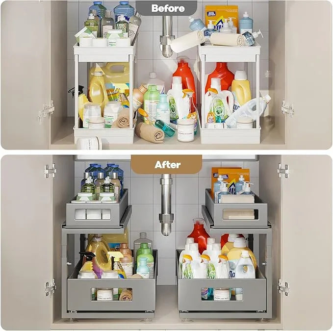 2 Pack 18.5IN-Depth Under Sink Organizer With Next-Gen Ball-Bearing Slides,2-Tier Pull Out Cabinet Storage,Height Adjustable Drawer Shelf for Bathroom,Kitchen,Laundry,Cabinet,Pantry-Gun Gray - NeatNest