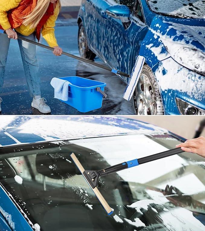 Window Cleaning Kit with Storage Bucket, Window Squeegee with 4.13ft Extension Pole, Scrubber, Spray Bottle,Duster Cloth, Squeegee with Rotating Head, Professional Window Cleaning Tools - NeatNest