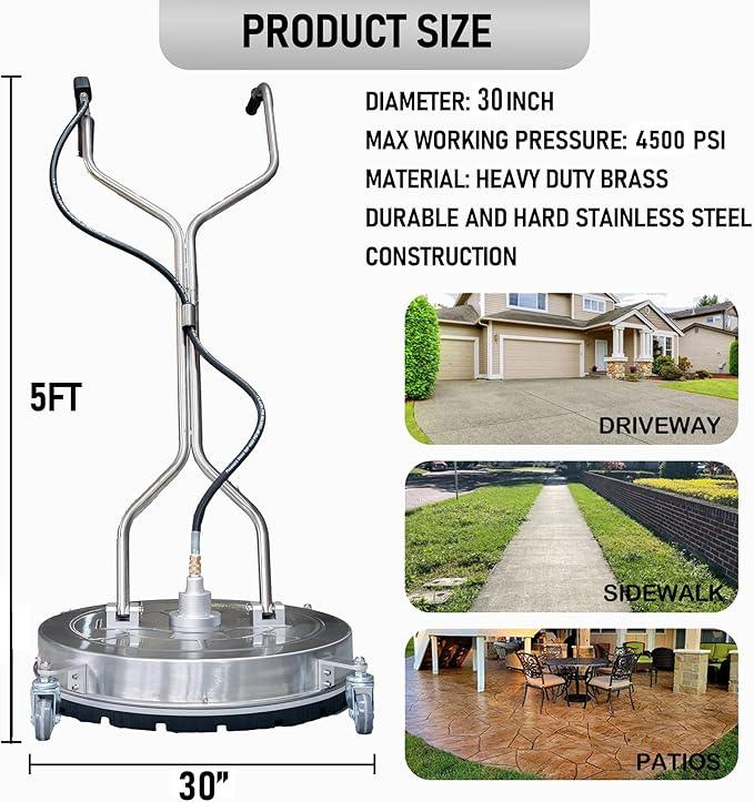 Hourleey 30" Pressure Washer Surface Cleaner with Dual Handles, Stainless Steel Surface Cleaner with 4 Wheels for Driveways, Pathway, Sidewalks, Patios, Decks, 4500 PSI with 3/8" Quick Connector Kit - NeatNest