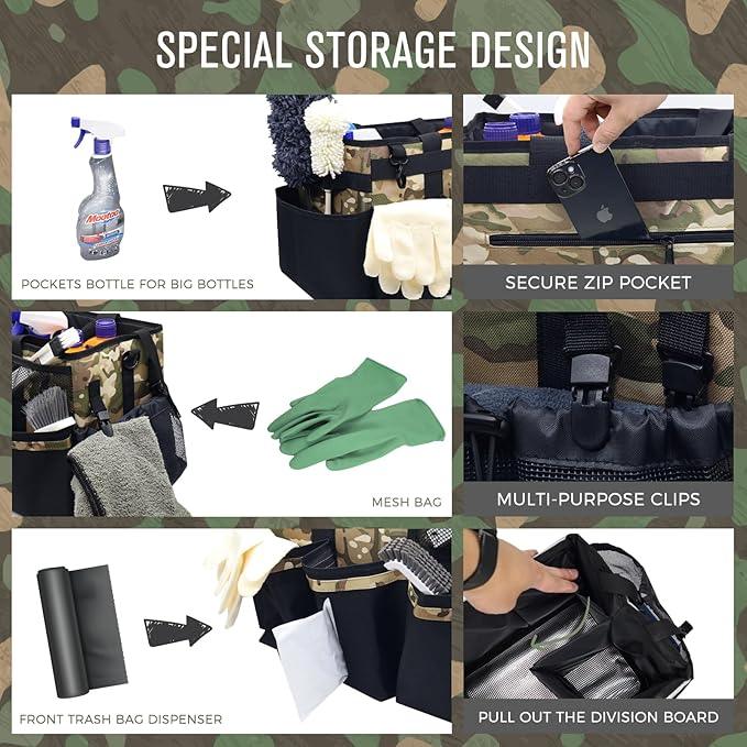 Wearable Cleaning Caddy Organizer with Handle & Shoulder Straps for Housekeepers, Under Sink & Car Cleaning Tool Organizer Bag with 4 Foldable Dividers (Camouflage) - NeatNest