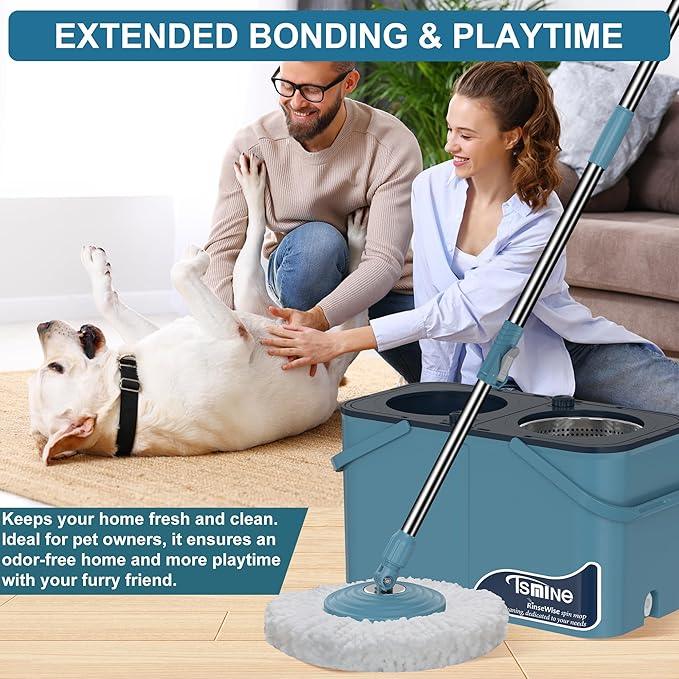 Gen 1 Large-Capacity Spin Mop and Bucket – for Big Homes & Deep Cleaning Days,4-Chamber System Separates Dirty & Clean Water, 2-GAL Heavy-Duty Design with Wheels & 8 Refill Mop Heads - Blue/Grey - NeatNest