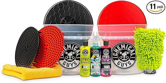 Chemical Guys HOL129 Best Two Car Wash Bucket Kit to Wash & Dry (11 Items Including 3 16 oz. Chemicals) - NeatNest