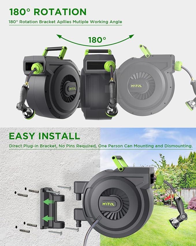 Retractable Garden Hose Reel, 1/2 Inch x 100 ft + 6 ft Wall Mount Hose Reel with Automatic Slow Rewind System, Any Length Lock, 10 Patterns Hose Nozzle, 180°Swivel Bracket, for Garden Watering - NeatNest