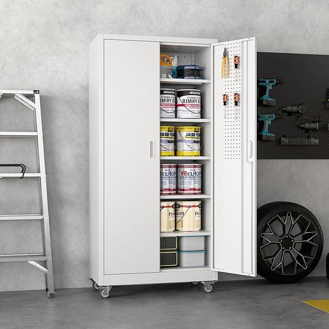 SUXXAN Metal Garage Storage Cabinet with Wheels and Pegboard 71'' x 34'' x 18'', Lockable Rolling Steel Cabinet with 5 Adjustable Shelves and Door for Garage, Office, Kitchen, Assembly Required - NeatNest