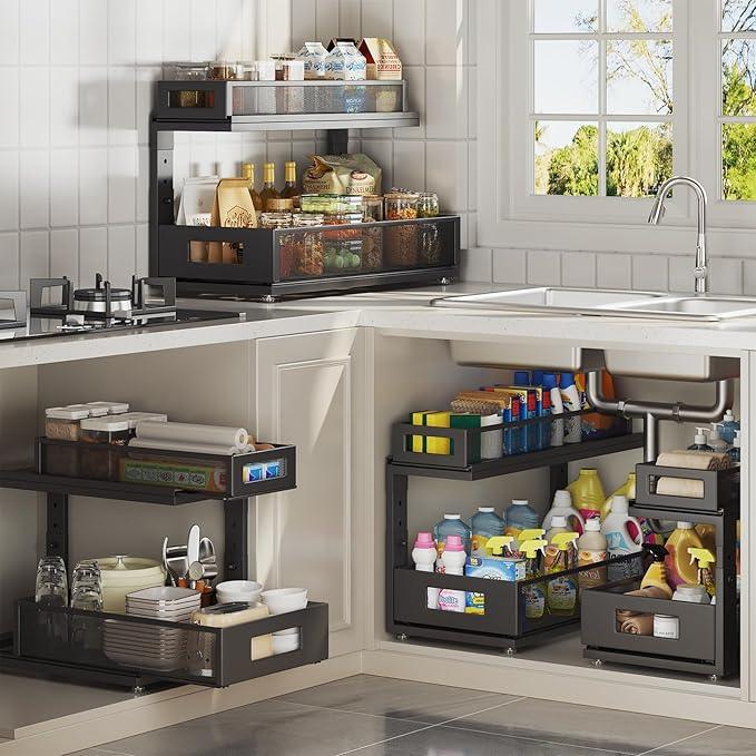 2 Pack 18.5IN-Depth Under Sink Organizer With Next-Gen Ball-Bearing Slides,2-Tier Pull Out Cabinet Storage,Height Adjustable Drawer Shelf for Bathroom,Kitchen,Laundry,Cabinet,Pantry-Black - NeatNest