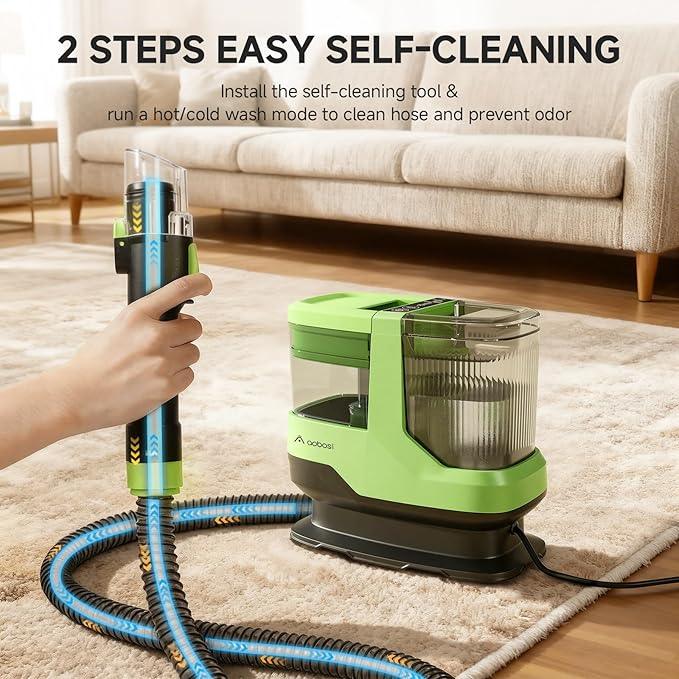 AAOBOSI Portable Carpet Cleaner Machine, 17Kpa Upholstery Steam Cleaner with Smart Voice Prompting, Self-cleaning, 4 Tools for Pets, Car, Couch and Stairs- C688, Green - NeatNest
