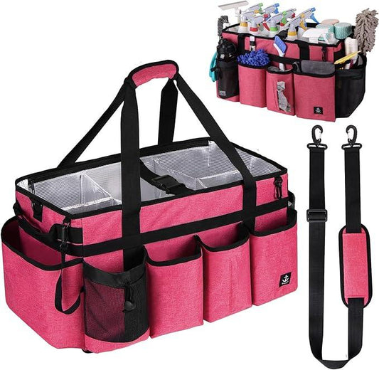Extra large Cleaning Caddy Bag Built-in Sturdy Support Board, Cleaning Organizer with Detachable Divider, Cleaning Supply Tote with Adjustable Shoulder Strap (Pink, 19'' x 11'' x 11'') - NeatNest