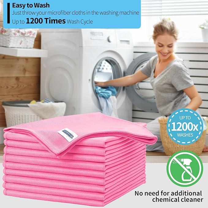 HOMERHYME Microfiber Cleaning Cloth - 10 Pack Glasses Cleaning Cloth, 16" x 14" Window Cleaning Rags, Streak Free Lint Free Polishing Cloths Wipes for Eye Glass, Stainless Steel, Windshield, Pink - NeatNest