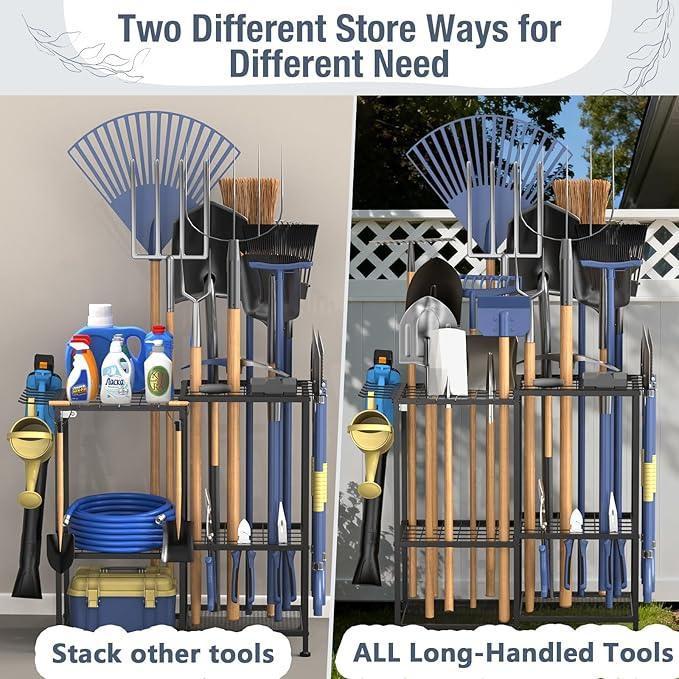 Garden Tool Organizer, Metal Yard Tool Organizer,Holds 70 Long-Handled Tools/Rakes/Brooms,Side Garden Pocket,Heavy Duty Steel Yard Tool Storage Rack for Garage,Shed, Outdoor(Black-Large) - NeatNest