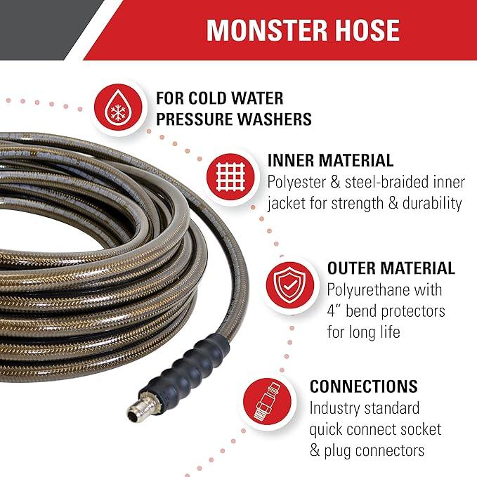 Simpson Cleaning 41032 Monster Series 4500 PSI Pressure Washer Hose, Cold Water Use, 3/8 Inch Inner Diameter, 150-Foot, Brown - NeatNest