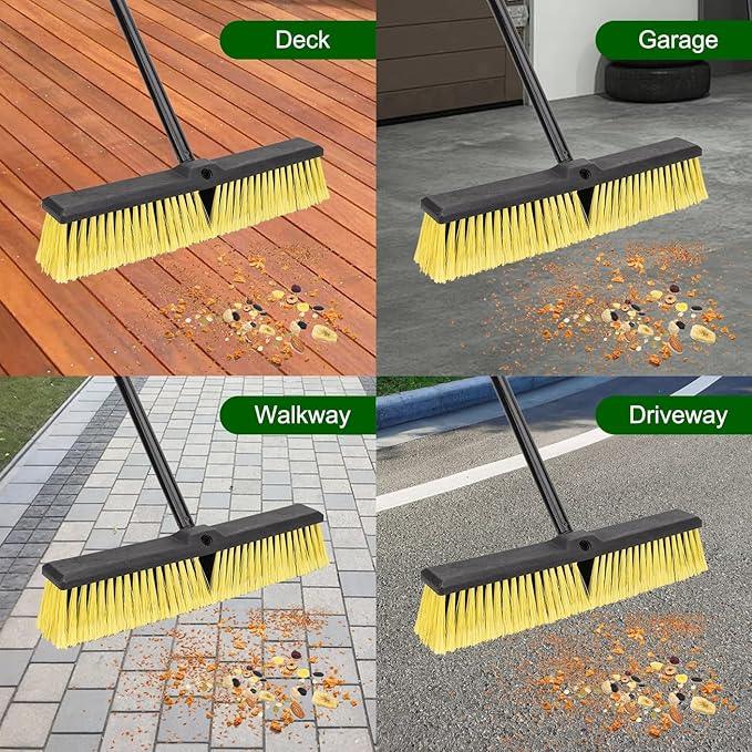 18 Inches Push Broom Outdoor- Heavy Duty Commercial Broom with 64.5" Long Handle and Stiff Bristles for Patio Garage Deck Concrete Wood Stone Tile Driveway Yard Warehouse Shop Floor Cleaning - NeatNest