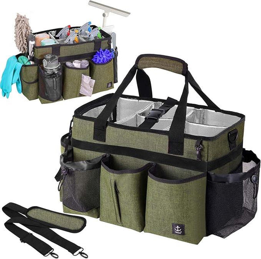 Large Cleaning Caddy Bag Built-in Sturdy Support Board, Cleaning Organizer with Detachable Divider, Cleaning Supply Tote with Adjustable Shoulder Strap&Waist Belt for Cleaners & Housekeeper - NeatNest