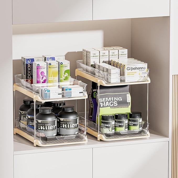 Delamu 2-Tier Multi-Purpose Bathroom Under Sink Organizers and Storage, Stackable Kitchen Pantry Organization, Pull Out Medicine Cabinet Organizer with Movable Dividers, Beige, 4 Pack - NeatNest