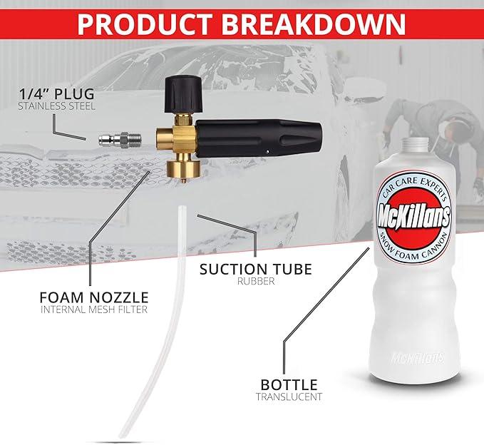 McKillans Car Wash Foam Cannon for Pressure Washer - Snow Lance Soap Dispenser for Car Washing with Adjustable Thick Foam - Including 1/4 Quick Connector - NeatNest