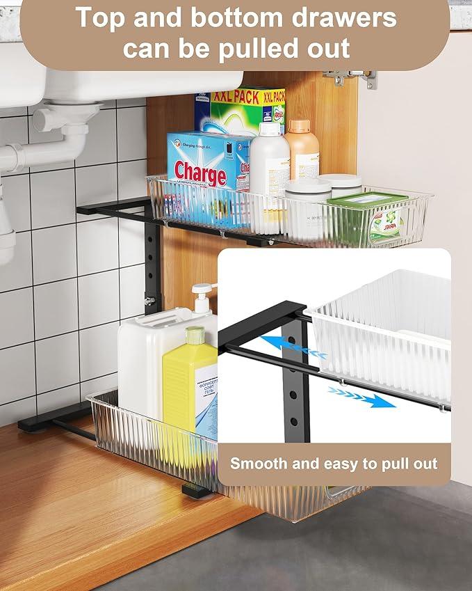 UMDONX Under Sink Organizer 2-Pack Adjustable Bathroom Under Sink Pull-Out Organizer with 5 Adjustable Heights for Kitchen, Bathroom & Laundry Storage - NeatNest