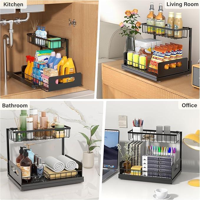 2 Pack Under Sink Organizer, 2 Tier Pull Out Cabinet Organizer,Slide out Metal Cabinet Organizers Multi-Purpose Drawer Shelf for Kitchen Bathroom Pantry Cabinet Closet Organization Rack,Black - NeatNest