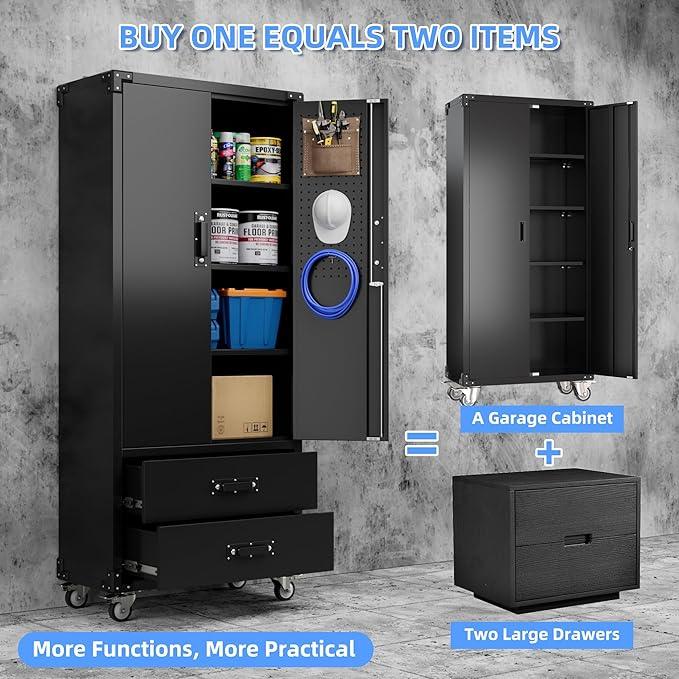 SUXXAN Rolling Storage Cabinet with 2 Doors and 2 Drawers, Heavy Duty Metal Storage Cabinet with Shelves, Locking Steel Cabinet for Warehouse, Home, Office (Black) - NeatNest