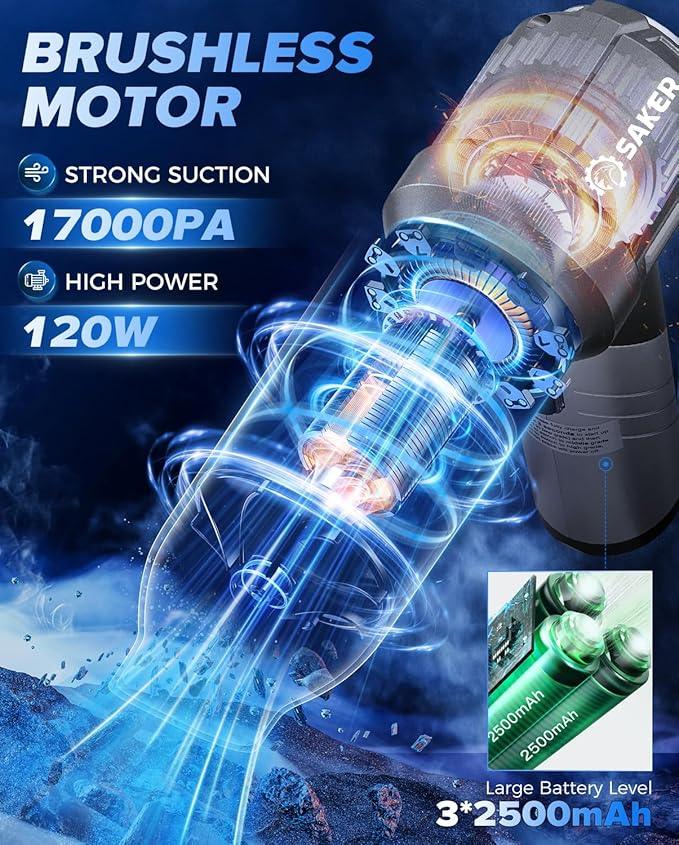 Saker Car Vacuum Portable Cordless, Foldable Mini Handheld Vacuum Cordless and Air Duster 17000PA High Power Vacuum Cleaners for Home,Cars,Office Cleaning HL133 Silver - NeatNest