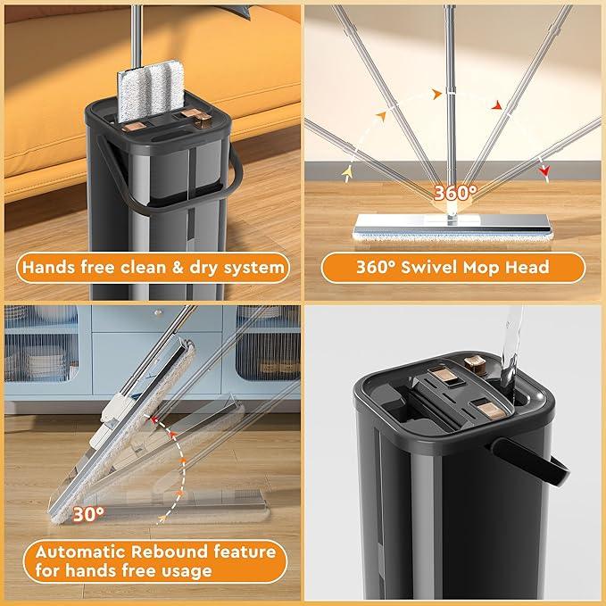 Separates Dirty Water Mop, Flat Mop and Bucket for Home with 4 Extra Refills, Stainless Steel Mop and Bucket with Wringer (Black) - NeatNest
