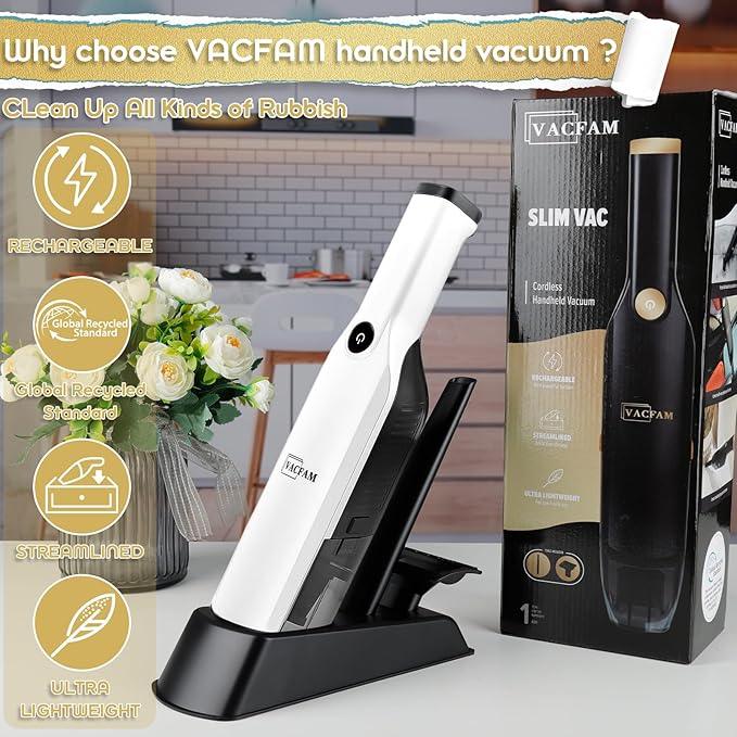 Handheld Vacuum Cordless,15KPA High Power Suction,USB Quick Charge,Car Vacuum Cleaner with Storage Dock,Lightweight Rechargeable Dust Buster with Crevice Tool Pet Brush Hand Vac for Home,White - NeatNest