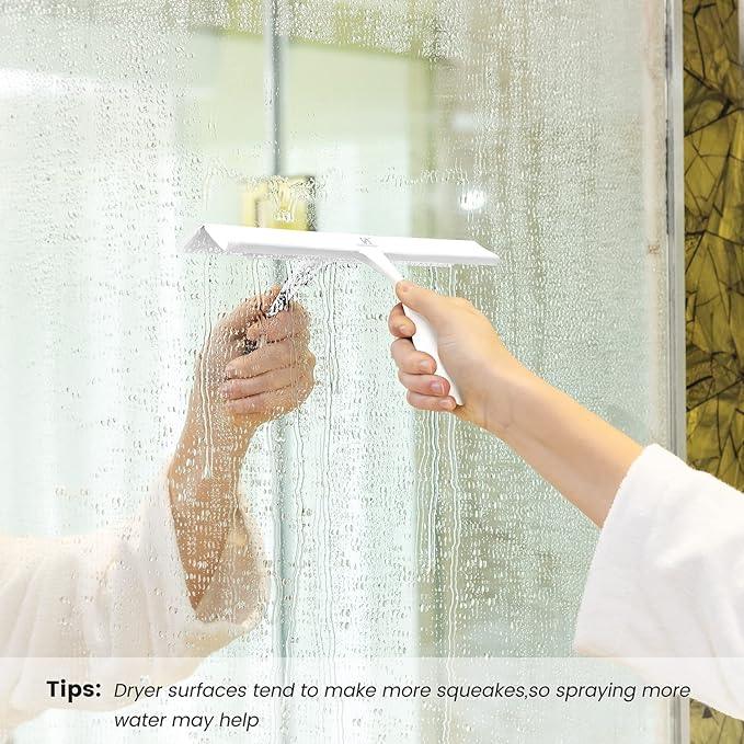 Squeegee for Shower Glass Door, 11-Inch Shower Squeegee for Glass Doors, Bathroom Silicone Squeegees Wiper for Shower with Non-Slip Handle, No-Drilling Silicone Hanging Hook, for Tiles, Mirror(White) - NeatNest