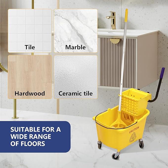 35Qt. Side-Press Mop Bucket and Wringer Combo on Wheels, Yellow, for Floor Cleaning/Wet Mopping,Including One Commercial Mop and Wet Floor Caution Sign (24inch) - NeatNest
