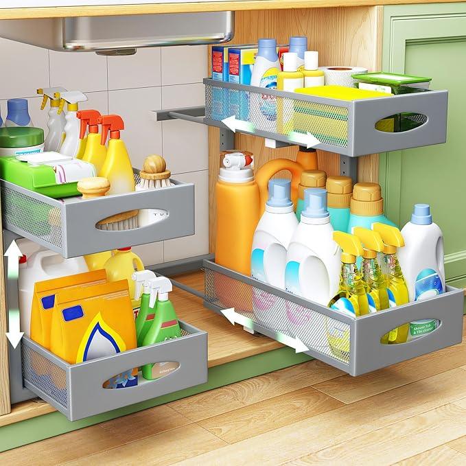 1 Pack Under Sink Organizer, 2 Tier Pull out Cabinet Organizer Mesh Baskets with 5 Adjustable Heights, Sliding Drawers Storage Shelf for Home, Kitchen, Bathroom, Pantry, Office, Countertop ,Grey - NeatNest