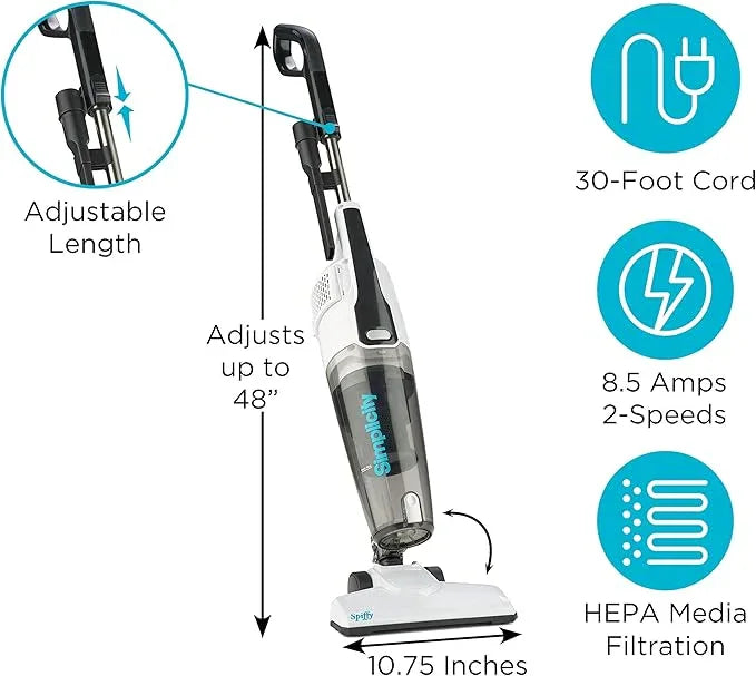 Simplicity Vacuums Corded Stick Vacuum Cleaner - Bagless, Two Speeds, HEPA Filter, Ideal for Hardwood & Tile, S60 Spiffy - NeatNest