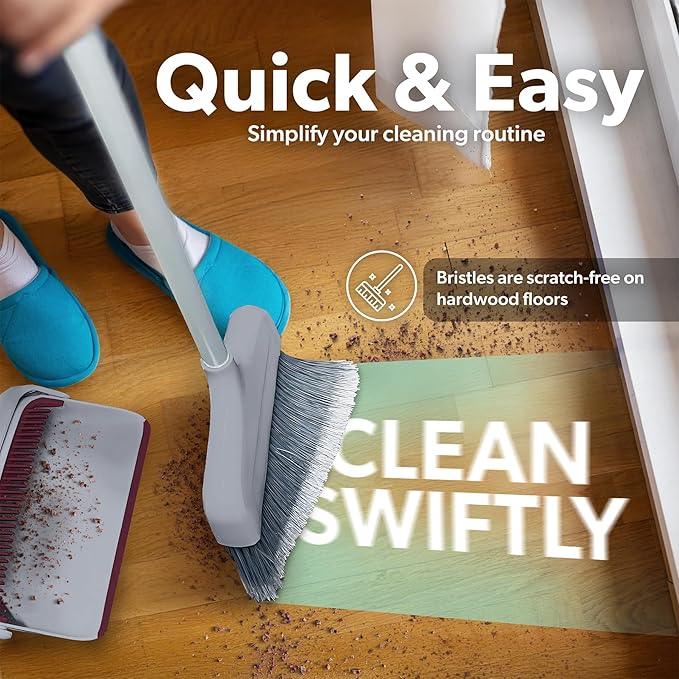 BLACK+DECKER Butler Broom & Dustpan Set - Stand-Up Design - Lightweight, Space-Saving Combo for Kitchen, Living Room, Bathroom, Lobby Floors - Home Cleaning Essential, Light Gray/Burgundy - NeatNest
