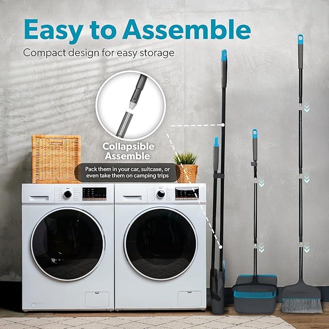 BLACK+DECKER Butler Broom & Dustpan Set - Short Handle, Stand-Up Design - Lightweight, Space-Saving Combo for Kitchen, Living Room, Bathroom, Lobby Floors - Home Cleaning Essential, Black/Blue - NeatNest