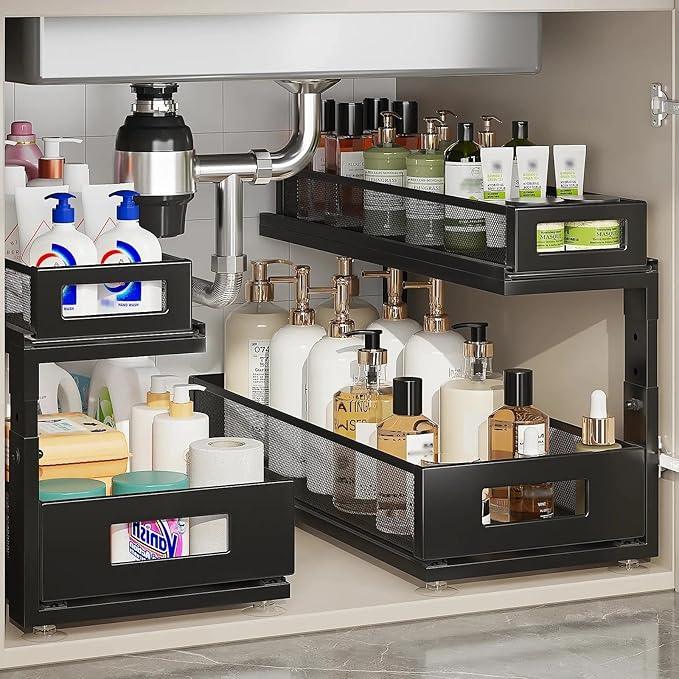 2 Pack 18.5IN-Depth Under Sink Organizer With Next-Gen Ball-Bearing Slides,2-Tier Pull Out Cabinet Storage,Height Adjustable Drawer Shelf for Bathroom,Kitchen,Laundry,Cabinet,Pantry-Black - NeatNest