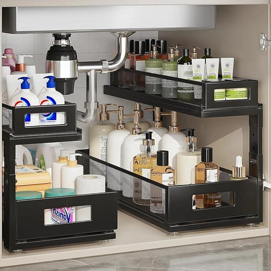 2 Pack 18.5IN-Depth Under Sink Organizer With Next-Gen Ball-Bearing Slides,2-Tier Pull Out Cabinet Storage,Height Adjustable Drawer Shelf for Bathroom,Kitchen,Laundry,Cabinet,Pantry-Black - NeatNest